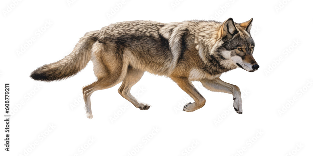 a Timberwolf running, wild beauty,  Wildlife-themed, photorealistic illustrations in a PNG, cutout, and isolated. Generative AI