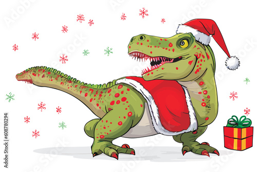 Vector New Year's dragon in a red
Santa Claus hat with a gift and snowflakes. 
The symbol of 2024 year. 
A green raptor dinosaur
isolated on a white background.