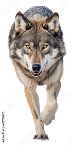 a Timberwolf full body in an aggressive stance, frontal view in a Nature-themed, photorealistic illustration in a transparent PNG, cutout, and isolated. Generative ai