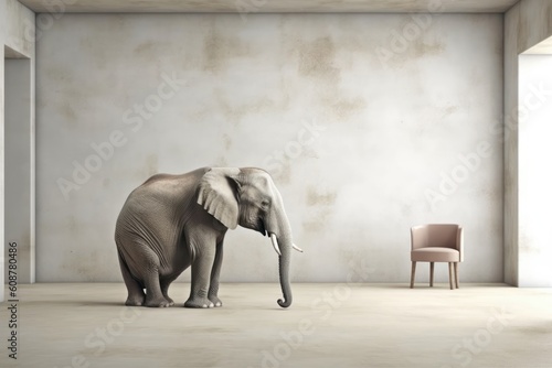 Elephant sitting in a minimalist room. Generative AI