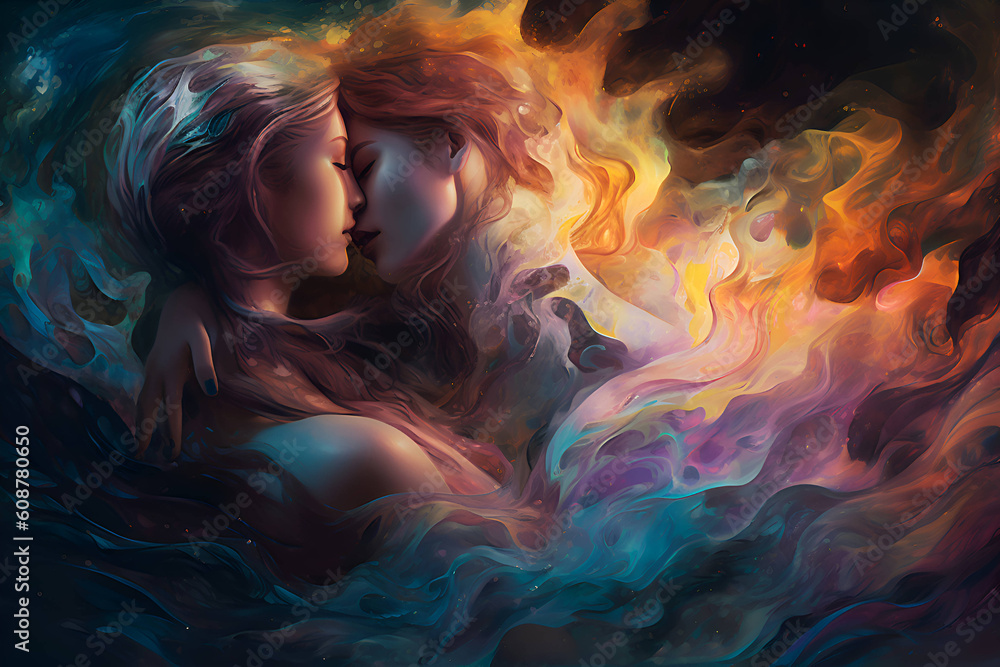 Passionate couple of women in love, fire and water, Generative AI