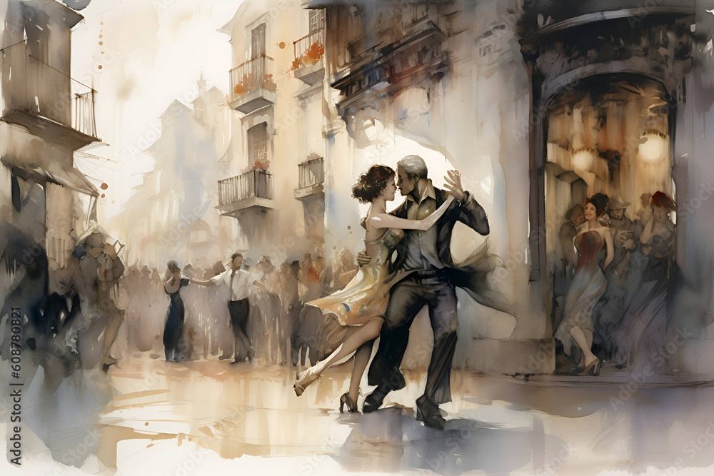 Couple dancing tango on city street, watercolor, Generative AI 1 - obrazy, fototapety, plakaty 