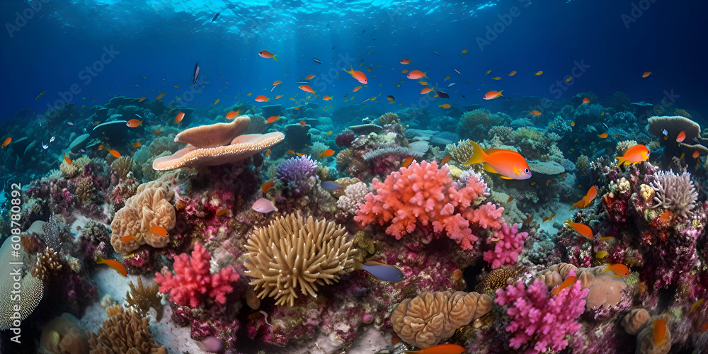 Magical underwater world, jellyfish, algae all in pink colors, biodiversity. Generative AI