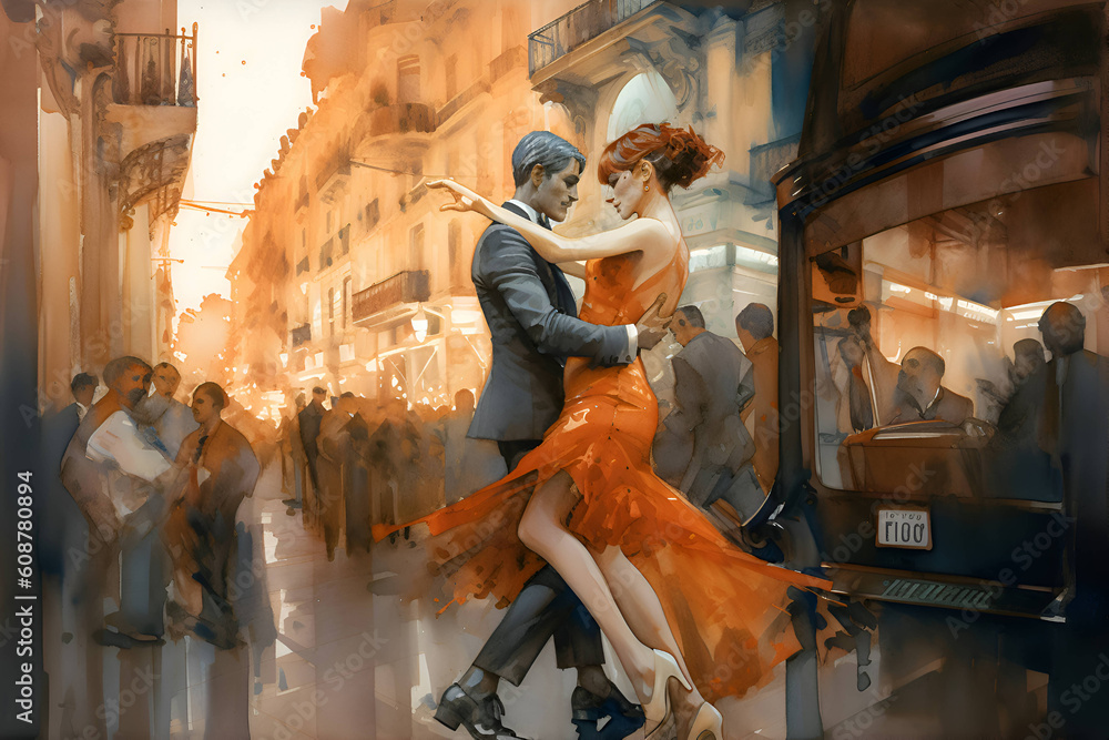 Couple dancing tango on city street, watercolor, Generative AI - obrazy, fototapety, plakaty 