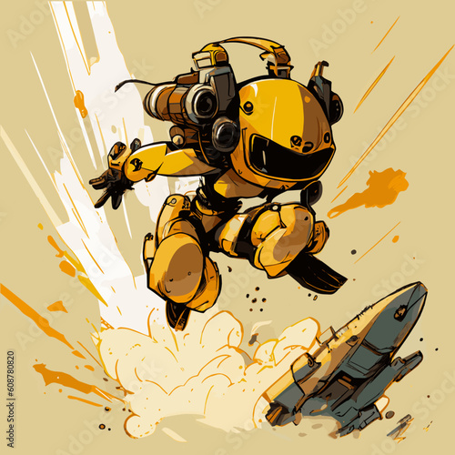 yellow robot action  scene comic style vector art