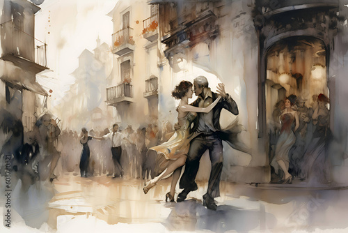 Couple dancing tango on city street, watercolor, Generative AI 1