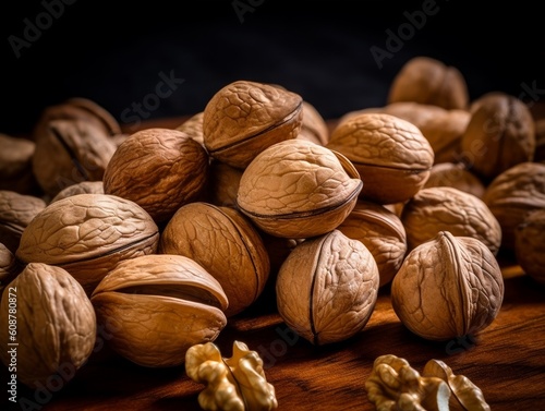 walnuts piled on a wooden surface with scattered nutshells