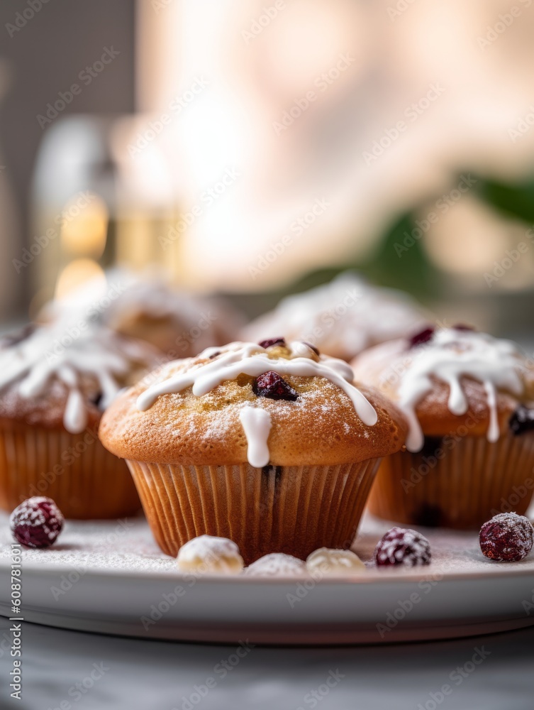 Illustration of a plate of freshly baked raspberry muffins with a drizzle of white icing - created with Generative AI technology