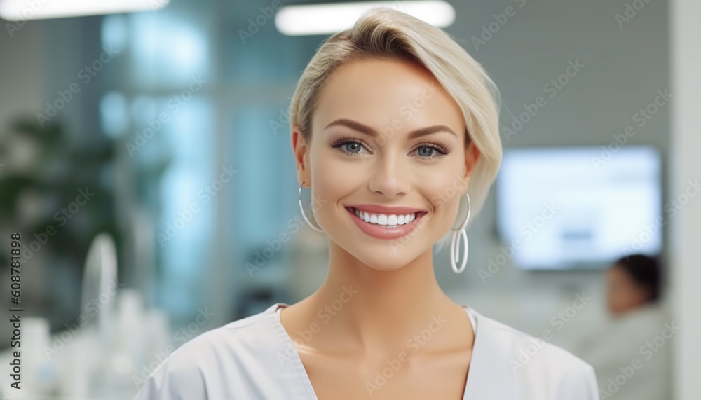 Portrait of a woman smiling in a clinic. Generative IA Portrait of a woman smiling in a clinic. Generative IA