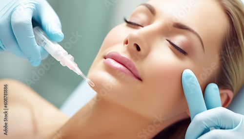 Happy woman getting hyaluronic filler injection applied to her lips in aesthetic and dermatology clinic. Generative IA.  