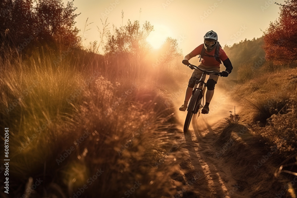 Naklejka premium Male athlete riding a mountain bike in the mountains, extreme sport with a bicycle, generative AI.