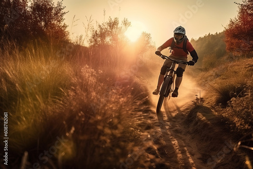 Male athlete riding a mountain bike in the mountains, extreme sport with a bicycle, generative AI.
