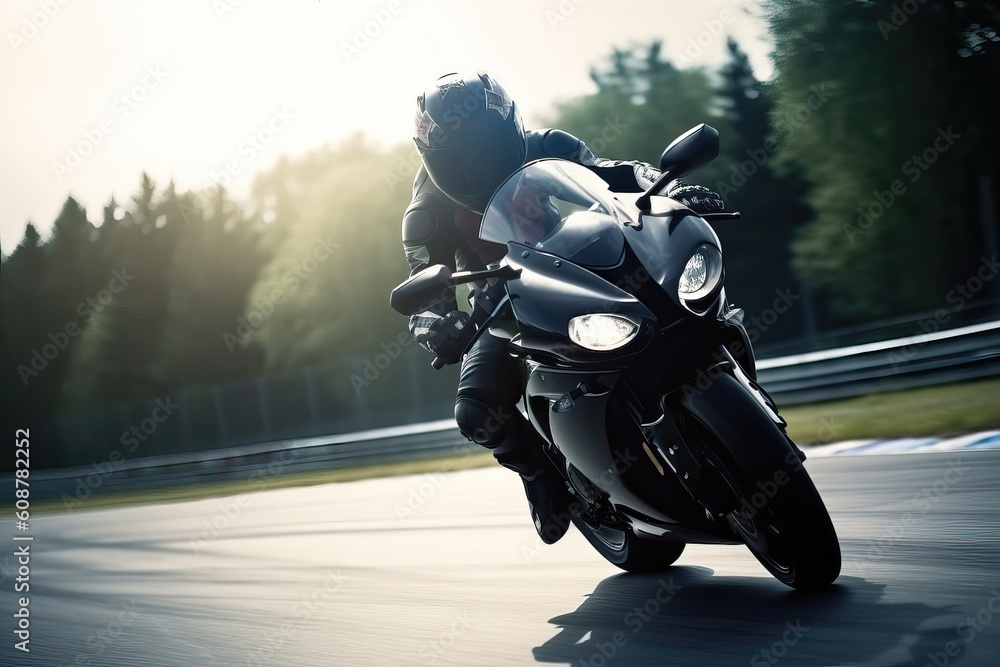 A motorcyclist on a sports bike rides the streets and highways, generative AI. A motorcyclist on a sports bike rides the streets and highways, generative AI.