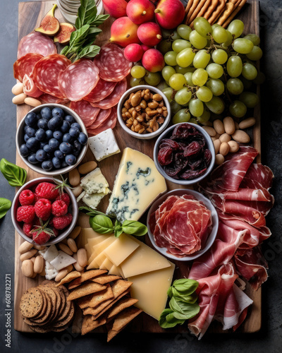 Assortment of cheeses, a bottle of wine, honey, nuts and spices, on a wooden table