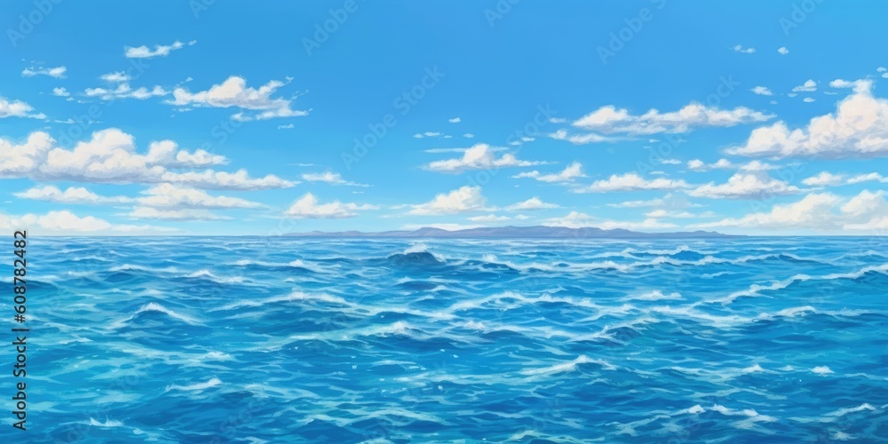 Beautiful seascape panorama, ocean sea wave surface and clear blue sky. Generative AI