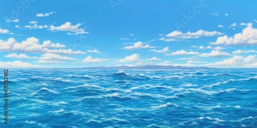 Beautiful seascape panorama, ocean sea wave surface and clear blue sky. Generative AI © Slanapotam