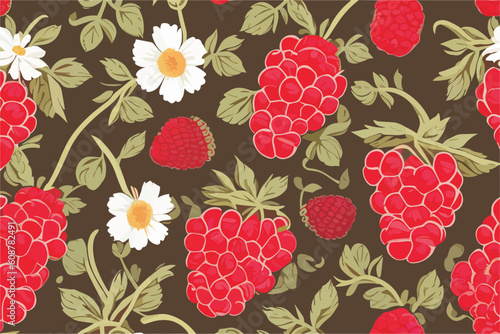 Vector seamless abstract pattern with red berries 
of raspberry,
white flowers chamomiles and green leaves
on a dark background.
