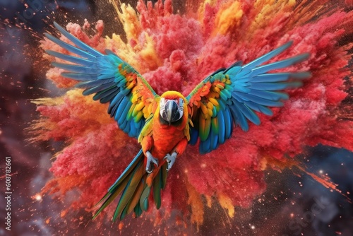 Flying Ara parrot over colorful powder explosion. Generative AI © nadunprabodana
