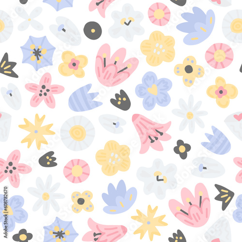 Cute floral pastel color pattern. Seamless vector texture with different flowers on white background. Texture for textile or wrapping paper