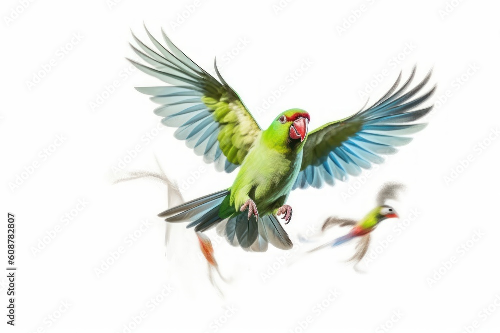 Fototapeta premium Flying big green ringed or Alexandrine parakeet. Generative AI