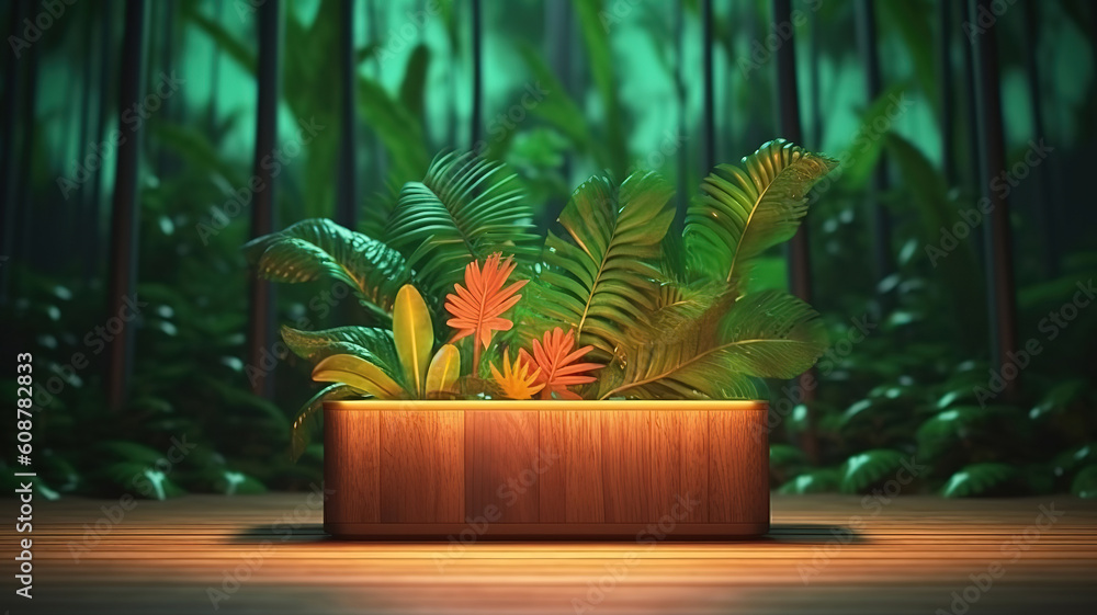 Obraz premium Wooden round side table with green tropical plant leaf and beautiful sun light. Generative ai