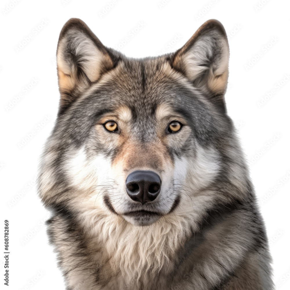 a Timberwolf portrait in a front view, PNG, in a Wildlife-themed, isolated, and transparent photorealistic illustration. Generative ai