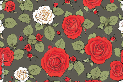 Wallpaper Mural Vector floral pattern with red and white roses
 flowers, buds and green leaves on
a dark background. Wedding day greeting card. Torontodigital.ca