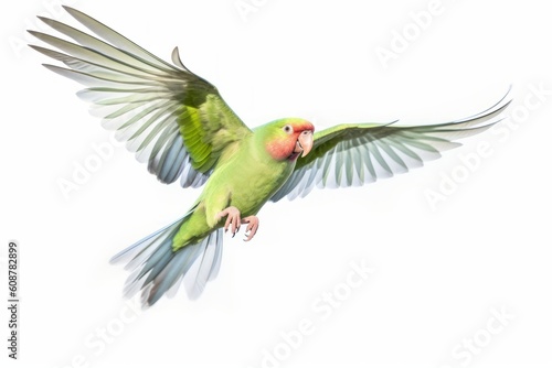 Flying big green ringed or Alexandrine parakeet. Generative AI