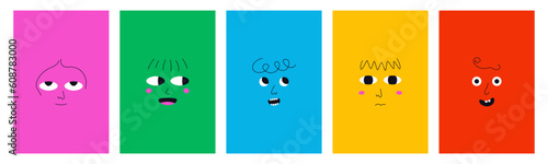 Abstract comic characters. Cute faces simple doodle style, cartoon elements with various emotions avatar design. Vector set