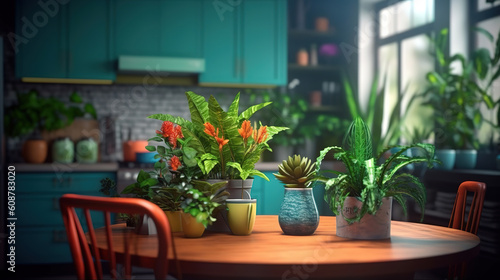 Cat in a modern bright kitchen on the table, Pots with green plants. Generative ai