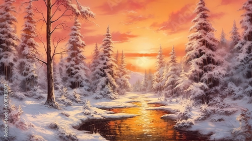 Winter river golden sunset. Generative ai