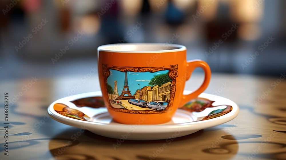 Fototapeta premium Cup of coffee on table in Paris, Bright color. Generative ai