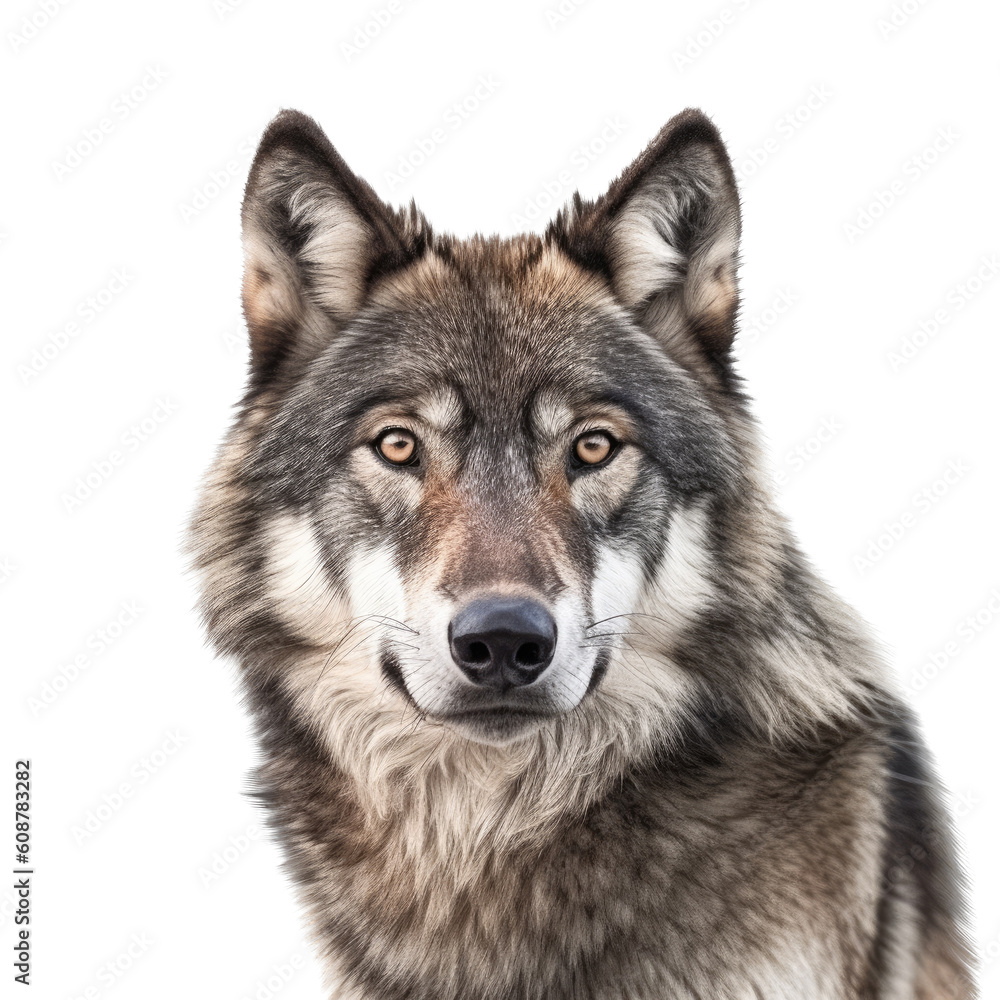 a Timberwolf portrait in a front view, PNG, in a Wildlife-themed, isolated, and transparent photorealistic illustration. Generative ai