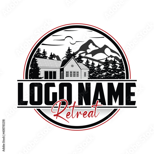 Retreat logo design. Green ecology nature atmosphere, wooden house, mountain, and pine tree