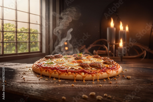Pizza on wooden table with fire background. Hot pizza near windows. Generative AI.