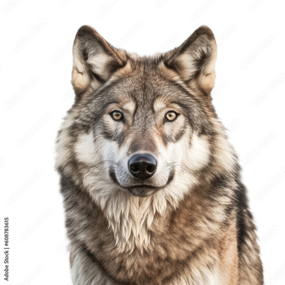 a beautiful Timberwolf portrait, piercing gaze, wild beauty,  Wildlife-themed, photorealistic illustrations in a PNG, cutout, and isolated. Generative AI
