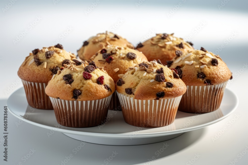 Illustration of a plate of delicious chocolate chip muffins created with Generative AI technology