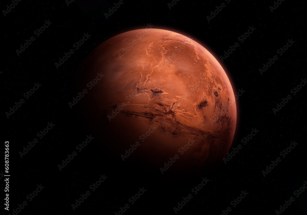 Planet Mars. The planet Mars appearing from the darkness of outer space. Elements of this image furnished by NASA. Planet Mars. The planet Mars appearing from the darkness of outer space. Elements of this image furnished by NASA.