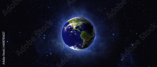 Earth and galaxy. Panoramic view of the Earth, North and South America from space. Concept of Earth Day. Elements of this image furnished by NASA. © revers_jr