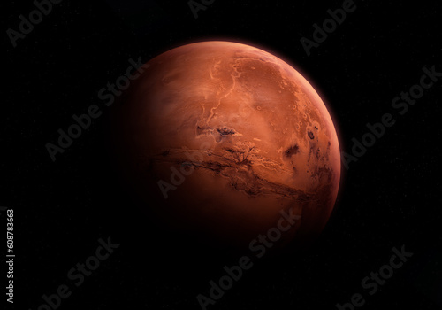 Planet Mars. The planet Mars appearing from the darkness of outer space. Elements of this image furnished by NASA.