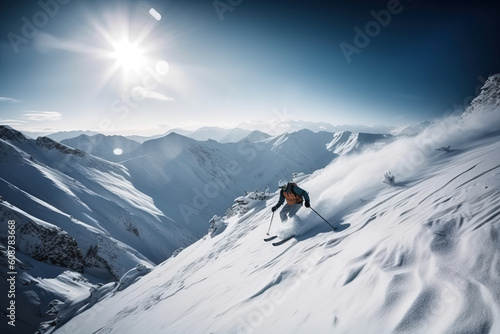 A skier high in the mountains descends on a snowy ski track, generative AI. © Niko_Dali