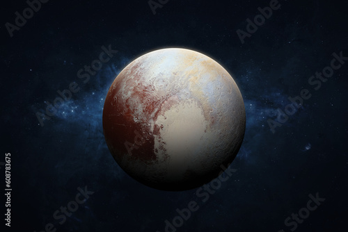 Pluto, galaxy and stars. View of Pluto - dwarf planet of the solar system. This image elements furnished by NASA.