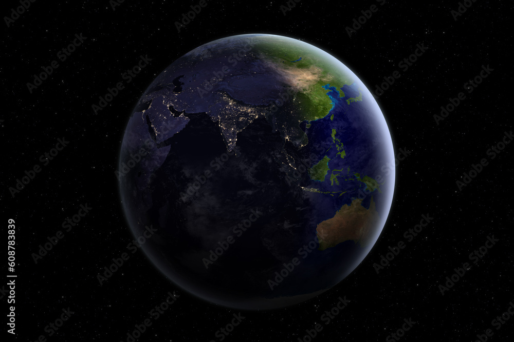 Nightly Earth planet. Asia, Oceania, Australia at night. View of the beautiful planet Earth and stars. Morning or dawn on planet Earth. Elements of this image furnished by NASA.