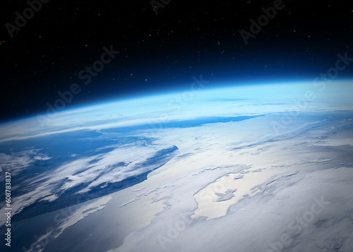 Earth planet in outer space. Beautiful blue planet Earth observation from the outer space. The elements of this image furnished by NASA.