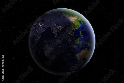 Nightly Earth planet. Asia, Oceania, Australia at night. View of the beautiful planet Earth and stars. Morning or dawn on planet Earth. Elements of this image furnished by NASA. © revers_jr