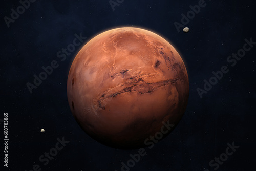 Planet Mars in the starry sky of solar system. Mars, Phobos and Deimos. Elements of this image furnished by NASA.