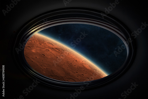 Fototapeta Naklejka Na Ścianę i Meble -  Mars planet in spaceship porthole. Orbiting the planet Mars. Expedition and colonization of Mars.  Elements of this image furnished by NASA.