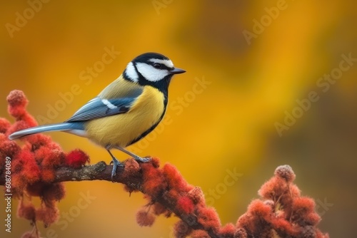 Garden bird - Great tit songbird sitting on the nice branch. Generative AI