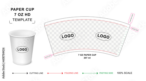 Paper cup die cut template for 7 ounce Hot Drink with 3D blank vector mockup for food packaging