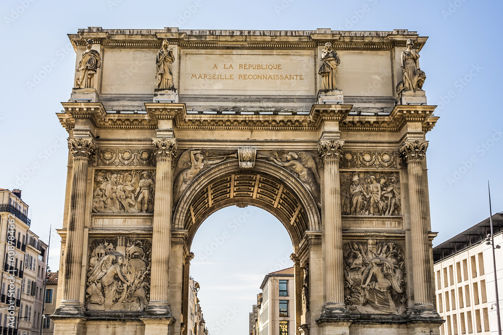 Architectural fragment of Porte Royale (Triumphal arc Porte d'Aix, 1825 -1839). Marseille, France.